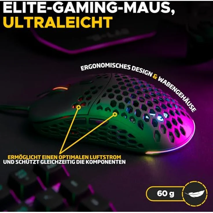 THE G-LAB Kult Oxygen, Hochleistungs-Gaming-Maus mit Kabel, 12.800 DPI, 100% anpassbares RGB, 6 programmierbare Tasten, Schwarz – Bild 2