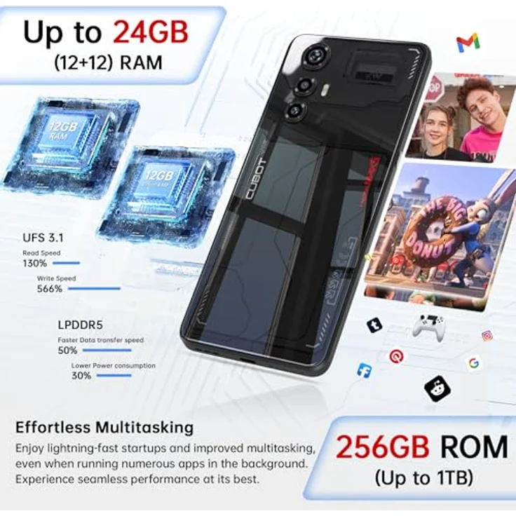 CUBOT MAX 5 (2024) 5G Smartphone Ohne Vertrag - 24GB+256GB/1TB, 6.95“ FHD+(144Hz) Gaming Smartphone, 100MP Kamera, 5100mAh/33W, Dual SIM 5G/Android 14/NFC/Face ID/BT5.3/WIFI 6 - Schwarz – Bild 3