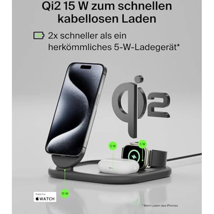 Belkin BoostCharge 3-in-1 15 W magnetisch, einklappbar Wireless Charger, iPhone 16/15/14/13/12, Apple Watch, AirPods, weiß – Bild 2