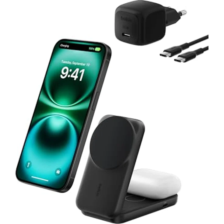 Belkin UltraCharge 2-in-1 Ladestation für Apple Watch und iPhone, 25W, Qi2, MagSafe-kompatibel, faltbar mit 45-W-Adapter – Schwarz – Bild 1