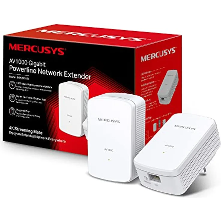 Mercusys AV1000 Gigabit Powerline Starter Kit, Data transfer speed Up To 1000 Mbps, Ideal for 4K streaming, online gaming and graphics-intensive applications No Configuration required (MP500 KIT)
