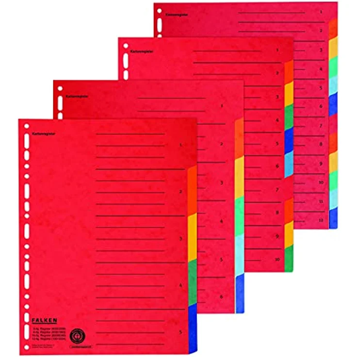Falken Aktenordner Zahlenregister - 1-12, Karton farbig, A4, 6 Farben, gelocht mit Orgadr, Überbreite, blanko, Manilakarton, mehrfarbig – Bild 4