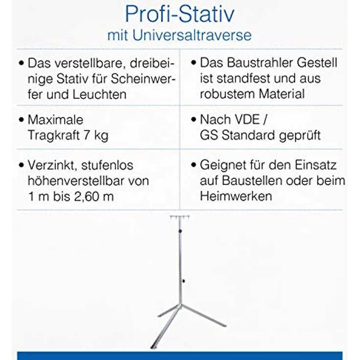 as - Schwabe Profi Stativ für LED-Strahler - Halogen-Strahler – Stativ mit Universaltraverse geeignet zur Halterung von Baustrahlern und Leuchten I Höhenverstellbar bis 2,60 m – Verzinkt I 46750 – Bild 4
