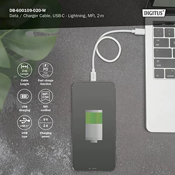 DIGITUS Type C zu Lightning MFI C94, 2M Füllung+AL+B Mantel PVC, weiß OD:3.5mm – Bild 3