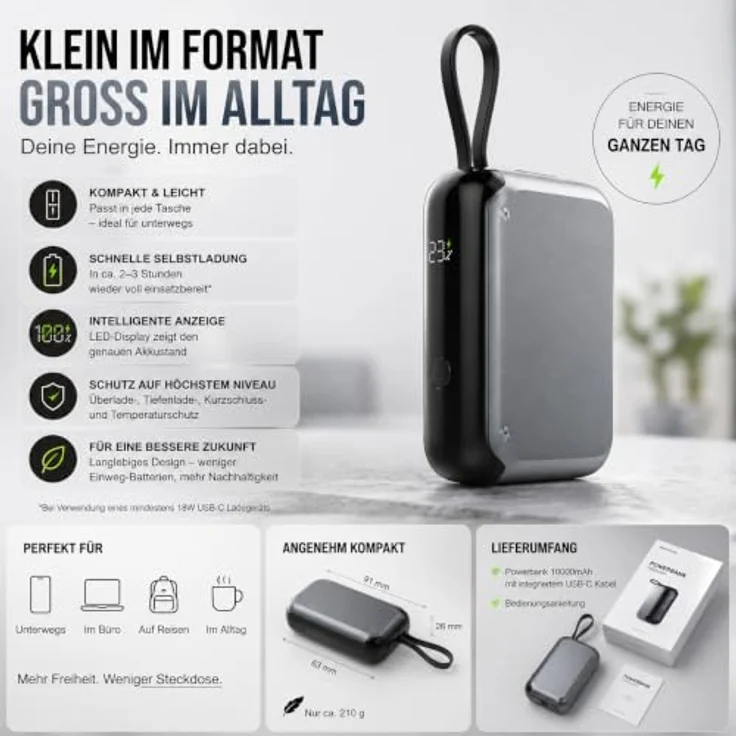 Nevox POWERBANK 10000mah mit integriertem USB-C Kabel 10000mAh PD-30W spacegrau – Bild 3