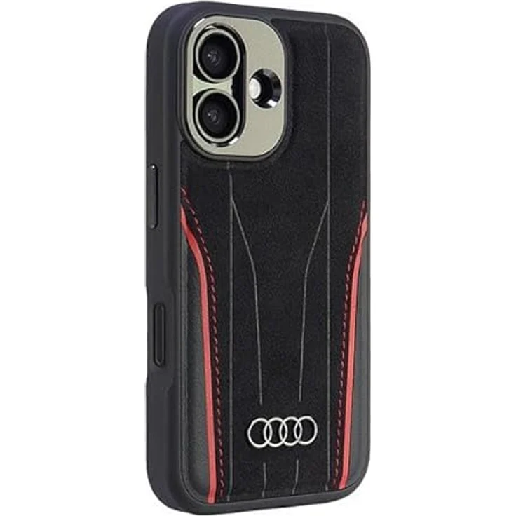 Audi Echtleder Hülle für iPhone 16 6.1", TPU/Naturleder in Schwarz-Rot, Hardcase-Typ – Bild 2