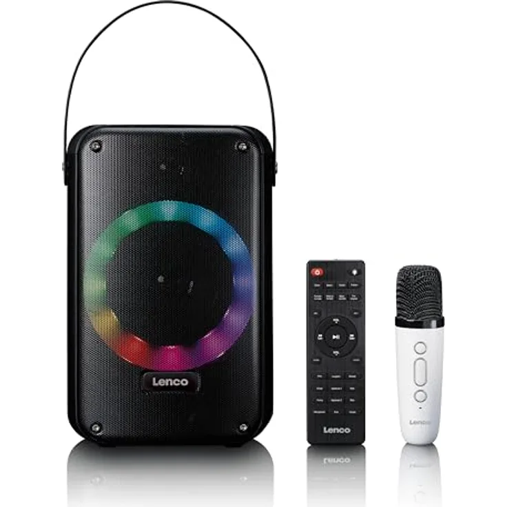 Lenco BTC-060BK Bluetooth Lautsprecher in Schwarz mit 12 h Akkubetrieb, Karaoke-Set inkl. wiederaufladbarem Mikrofon und LED-Lichteffekten