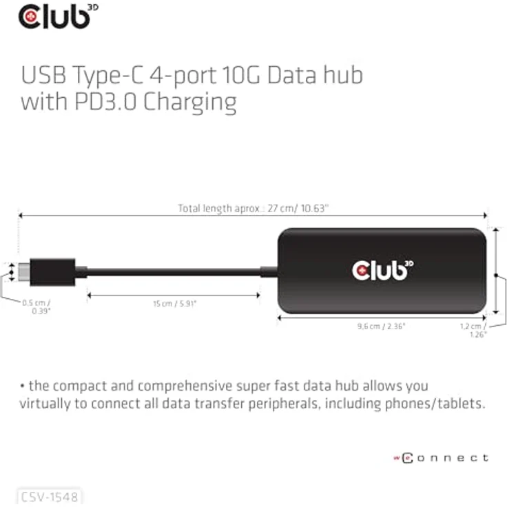 Club3D CSV-1548 USB Typ-C 4-Port 10G Daten-Hub mit PD3.0 Ladefunktion, kompaktes & schlankes Design – Bild 4