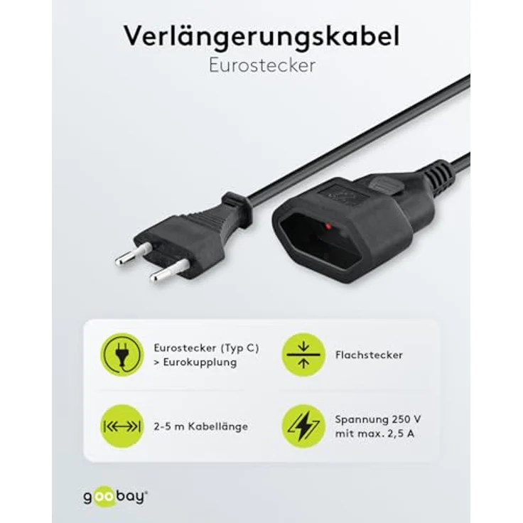 goobay 64616 Verlängerungskabel Eurostecker, 2 Meter Flachkabel mit erhöhtem Berührungsschutz für TV und Haushaltsgeräte, schwarz, max. 2,5 A – Bild 2