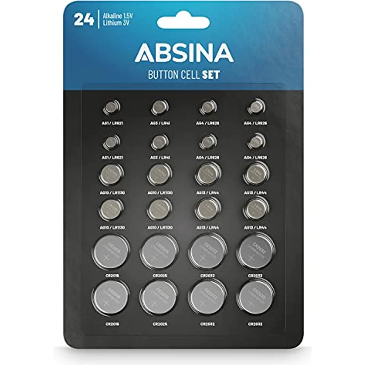 ABSINA 24er Pack Alkaline & Lithium Knopfzellen - 2X AG1 / 2X AG3 / 4X AG4 / 4X AG10 / 4X AG13 / 2X CR2016 / 2X CR2025 / 4X CR2032-1,5V & 3V Knopfzelle Sortiment auslaufsicher - Knopfbatterien – Bild 1
