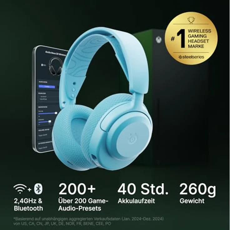 SteelSeries Arctis Nova 3X Wireless Gaming-Headset, 40 Std. Akkulaufzeit, Neodym-Magnet-Treiber, 2,4 GHz/Bluetooth, abnehmbares Mikrofon, App-Steuerung, Multi-Plattform-Kompatibel, Aqua – Bild 2