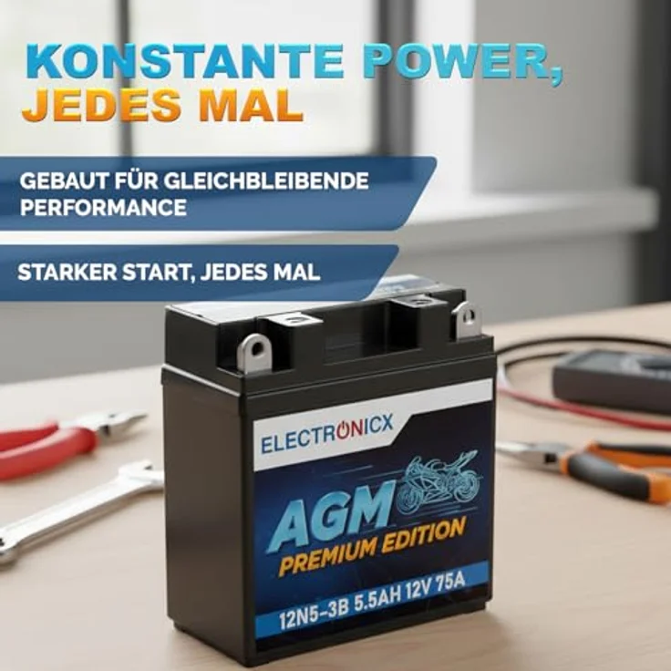 Electronicx AGM-12N5-3B, AGM Motorradbatterie 5.5Ah 12V, wartungsfrei, auslaufsicher, rüttelfest für Motorräder, Roller und Quads – Bild 4