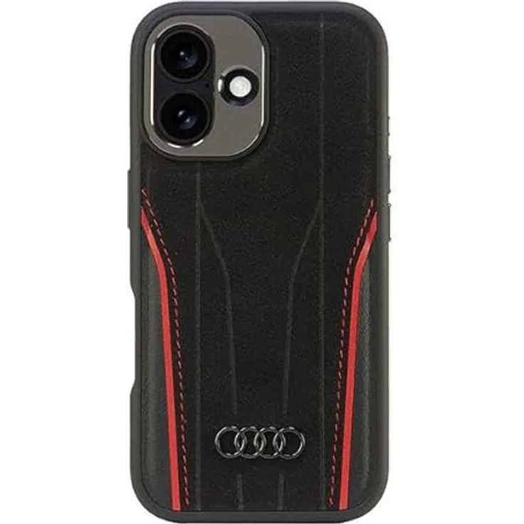 Audi Echtleder Hülle für iPhone 16 6.1", TPU/Naturleder in Schwarz-Rot, Hardcase-Typ
