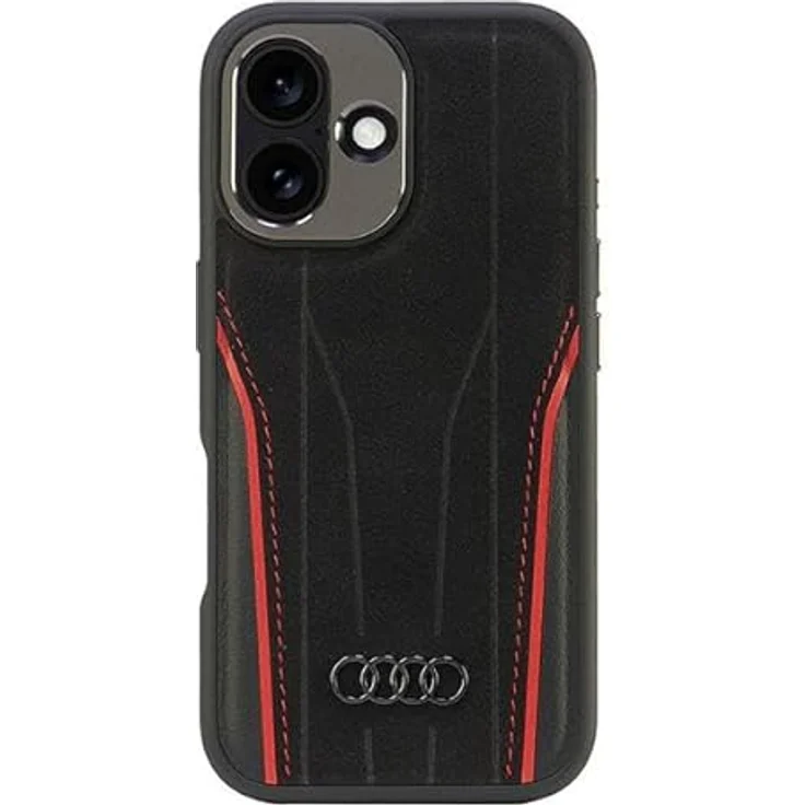 Audi Echtleder Hülle für iPhone 16 6.1", TPU/Naturleder in Schwarz-Rot, Hardcase-Typ – Bild 1