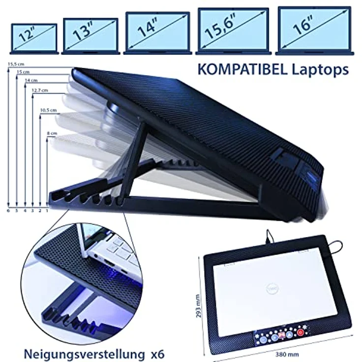 AAB Cooling NC77 - Laptop Lüfter Unterlage mit 6 Lüftern, Einstellbare Neigung und Blau LED, Cooling Pad, Laptop Stand, Auflage für Laptops bis 17 Zoll und PS4 / XBOX Consolen, Laptop Cooler – Bild 8