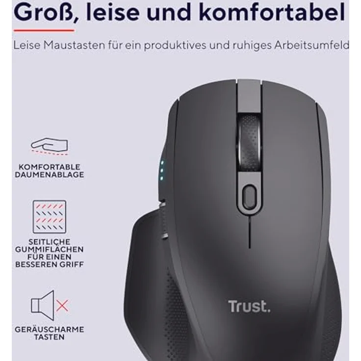 Trust Ozaa+ Kabellose Maus Bluetooth + 2.4GHz, Programmierbare Mehrgeräte Funkmaus, Seitliches Mausrad, 60% Recyclingkunststoff Wiederaufladbare Leise Bluetooth Maus Laptop Computer Mac, Schwarz – Bild 3