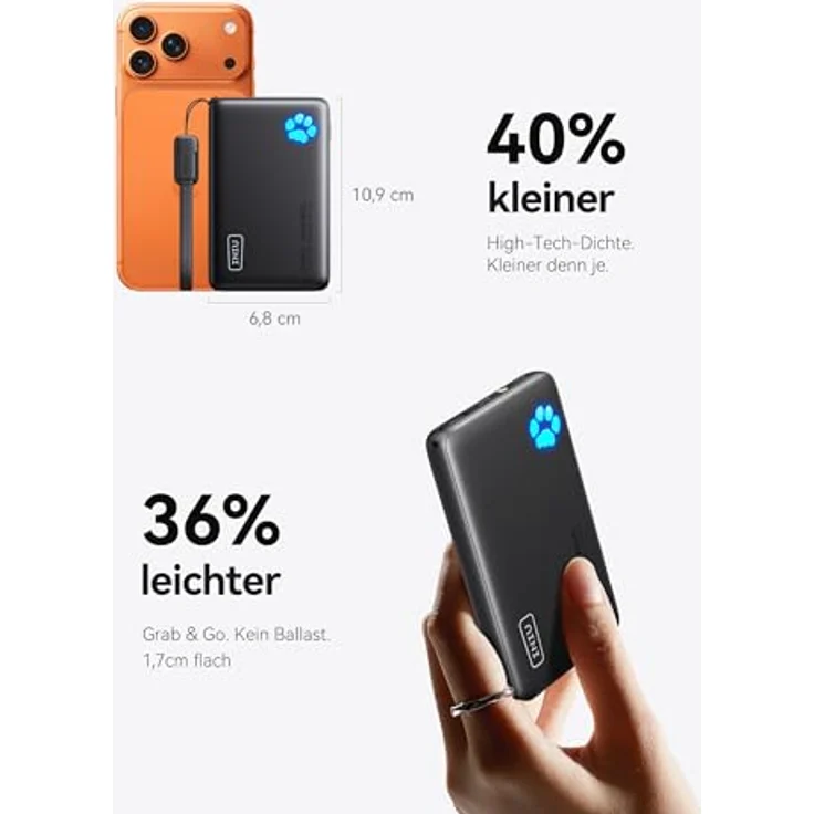 INIU Power Bank 10000mAh, 45W Schnellladegerät mit 2 USB-C und 1 USB-A Port, kompakt und leicht mit Taschenlampe, kompatibel mit iPhone 17/16/15 Pro Max, Samsung S24/S23, iPad – Bild 2