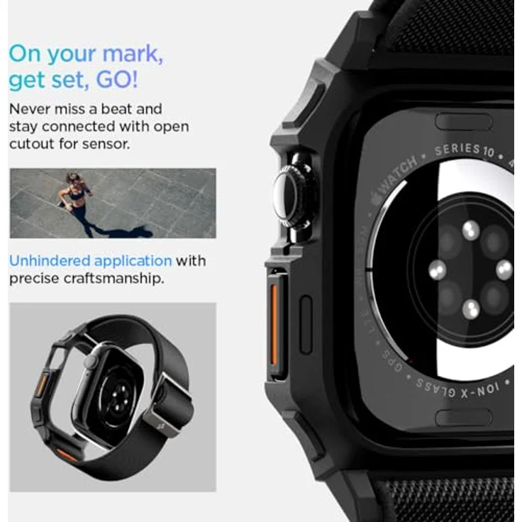 Spigen Lite Fit Pro Hülle mit Armband für Apple Watch 10 46mm (2024) - Matt Schwarz, verstärktes TPU-Gehäuse, sportliches Armband, orangefarbene Akzente – Bild 5