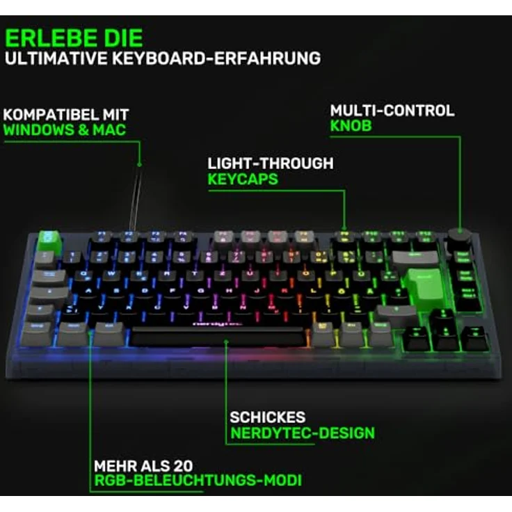 nerdytec CYKEY - Mechanische Gaming Tastatur mit RGB-Beleuchtung, kabelgebundenes TKL-Keyboard mit Hot-Swappable Switches und Multi-Control Knob, 75% Design, für PC/Laptop Windows/Mac, mit QMK/VIA – Bild 4