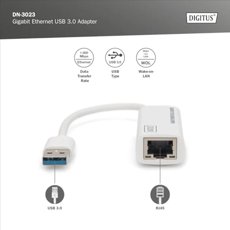 DIGITUS Netzwerk-Adapter über USB 3.0 - Gigabit-Ethernet 1 GBit-s RJ45 - Zusätzlicher LAN-Anschluss über USB-A Stecker – Bild 2