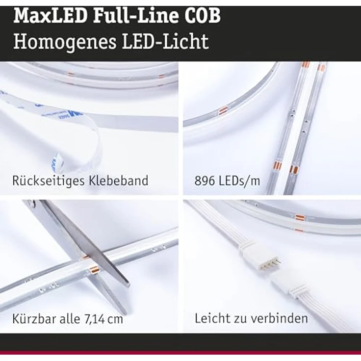 Paulmann 71200 MaxLED 1000 LED Strip Full-Line COB Basisset 1,5m 17W 1038lm, m 896 LEDs, m RGBW 48VA, LED Streifen in warmweiß und kaltweiß – Bild 4