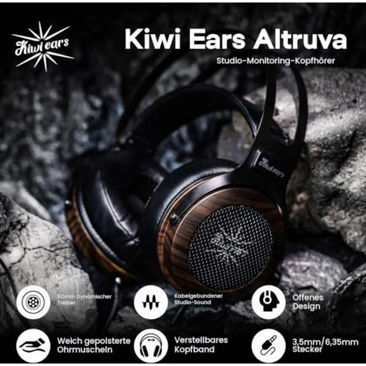 LINSOUL Kiwi Ears Altruva Over-Ear-Kopfhörer, Hi-Fi 50mm Dynamische Treiber, Offenes Design, Kabelgebunden, Schwarz Holz – Bild 2