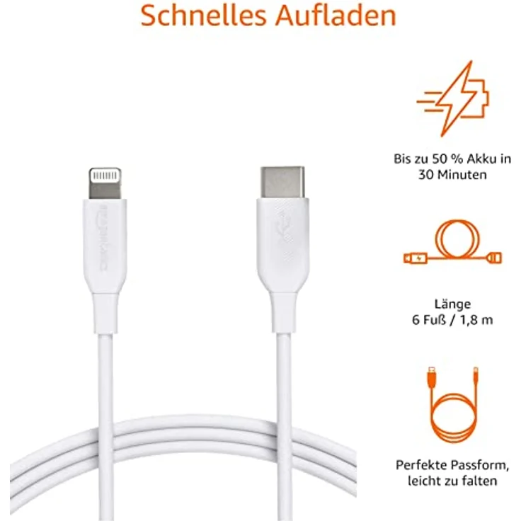 AmazonBasics - USB-C-auf-Lightning-Kabel, MFi-zertifiziertes Ladekabel für iPhone 11-11 Pro-11 Pro max-X-XS-XR-XS Max - 8-8 Plus, für Typ-C Ladegeräte, Unterstützt Power Delivery, Weiß, 1,82 m – Bild 5