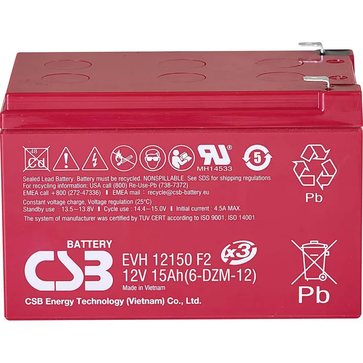 CSB Battery EVH 12150 Bleiakku 12V 15Ah AGM, zyklenfest, Flachstecker 6.35mm, 151 x 102 x 98mm