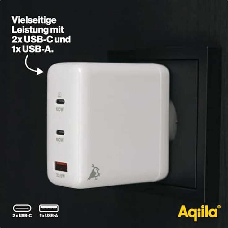 Aqiila Chargebird W4 USB-C Ladegerät 120W | Schnellladegerät GaN, PD, PPS, Quick Charge | 2X USB-C, 1x USB-A | 100-240V | Laptop geeignet | Kompaktes Design | Weiß – Bild 4