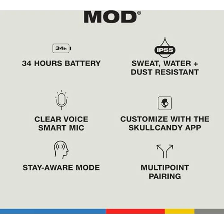SKULLCANDY Mod Bluetooth Wireless In-Ear-Kopfhörer, Verwendung mit iPhone und Android, Ladekoffer, Kachel und Mikrofon, IPX4 schweißbeständig – Grau/Blau – Bild 4