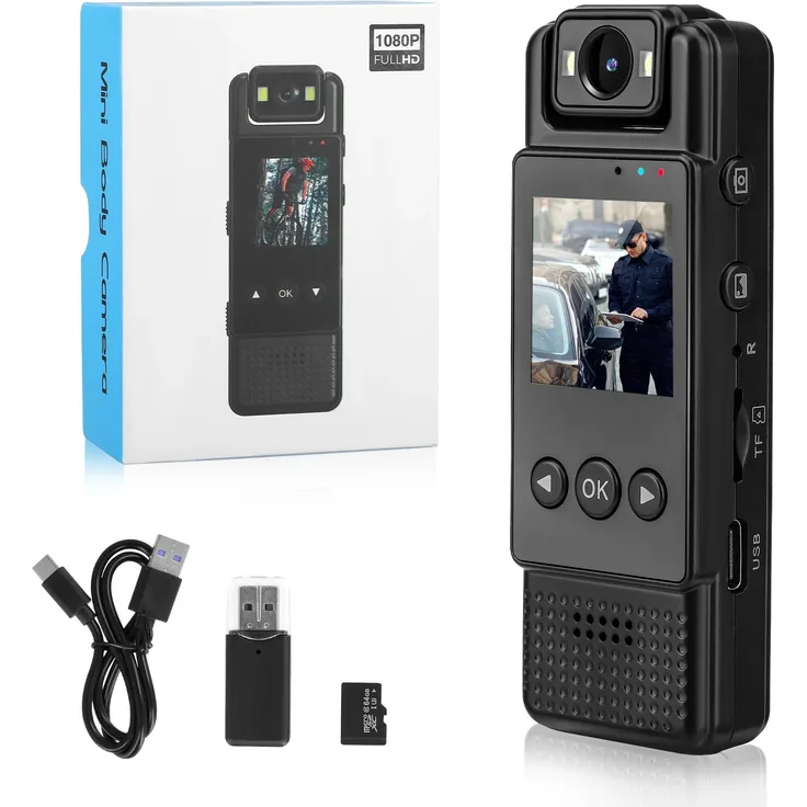 StarTech Körperkamera 1080p HD, Video- und Audioaufnahme, 64 GB, 180° drehbares Objektiv, Nachtsicht, schwarz