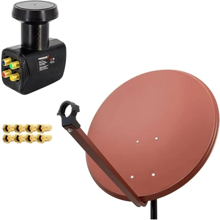PremiumX SAT Anlage 80cm Antenne Ziegelrot, Quad LNB mit 8x vergoldeten F-Steckern und hoher Kreuzpolarisationsisolierung – Bild 1