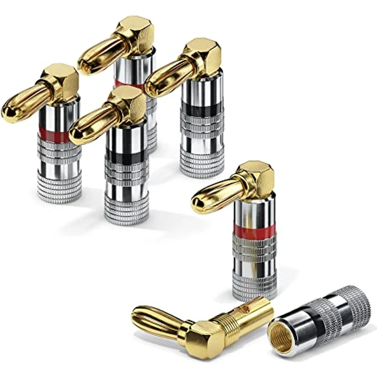conecto Bananenstecker 4er-Set, 90° gewinkelter Stecker, für alle Lautsprecherkabel mit einem Durchmesser bis max. 6mm², 4 Stück mit Farbcodierung (2x rot, 2x schwarz), 24kt vergoldet – Bild 2