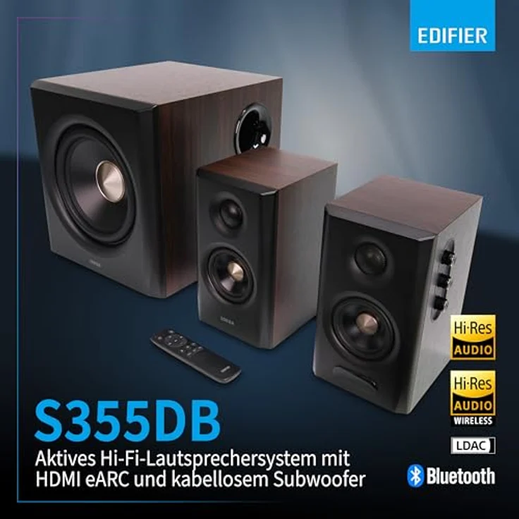 Edifier S355DB 2.1 Lautsprechersystem, 150W RMS mit kabellosem Subwoofer, digitale Signalverarbeitung, Walnuss – Bild 3