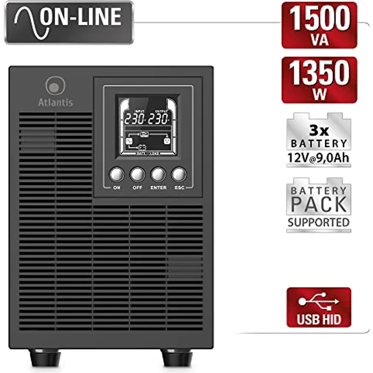 Atlantis A03-OP1502P PRO UPS OnLine USV Server, 1500VA 1350W, Tower mit LCD-Display, USB, RS-232, 4 IEC-Ausgängen, SNMP-Steckplatz, 3x12V-9Ah Batterien – Bild 2