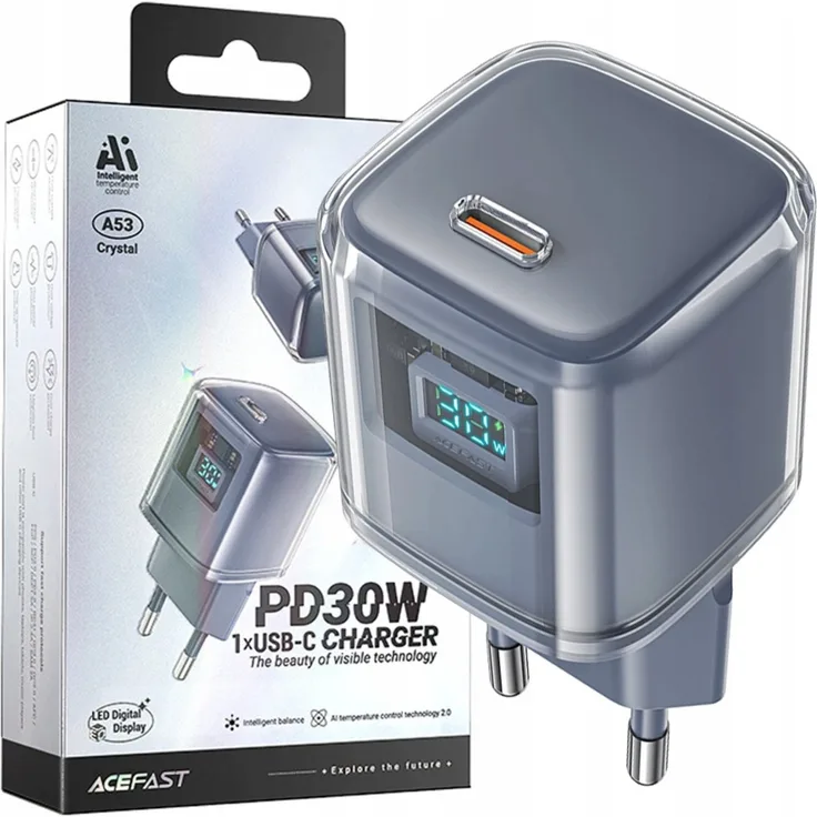 Acefast A53 PD 30W GaN USB-C Ladegerät mit LED-Anzeige und AI-Temperaturkontrolle, grau