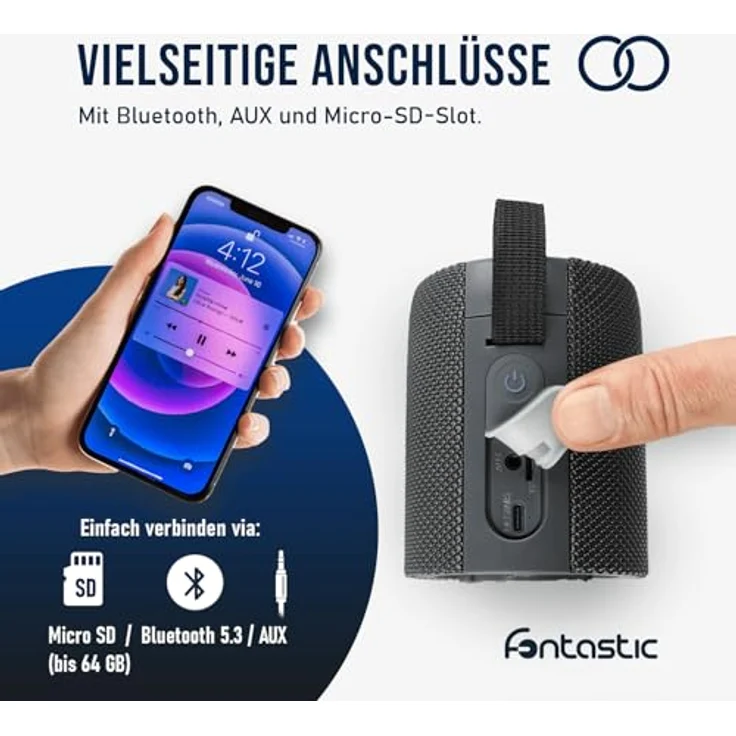 Fontastic „Cora“ 2-in-1 Bluetooth Lautsprecher-Boxen, Mobile Musik-Box mit LED-Licht, IPX5 Portable Speaker mit AUX & Micro-SD, 2X 10 Watt, Tragbare Sound-Box Grau – Bild 5