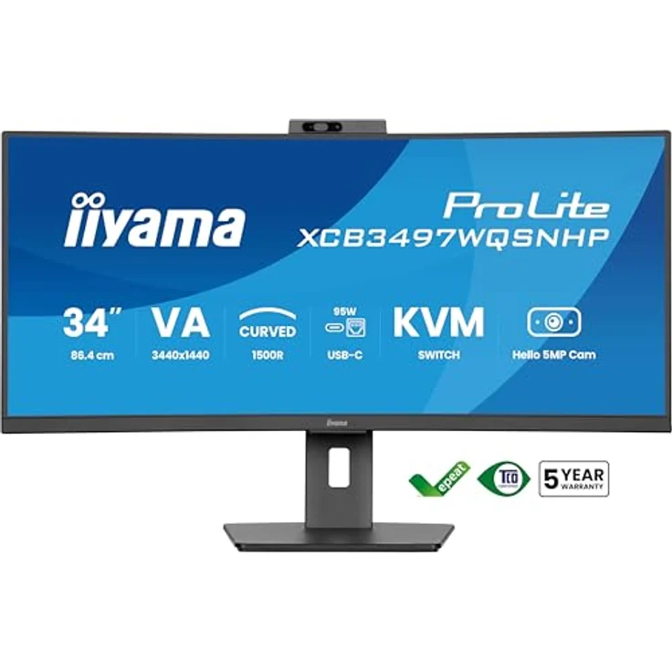 iiyama Prolite XCB3497WQSNPH-B1 Curved 34“ VA UWQHD Monitor mit 1500R Radius, KVM-Switch, USB-C Dock, 95W, RJ45 (LAN), 5-MP-Webcam, höhenverstellbar, schwarz – Bild 2