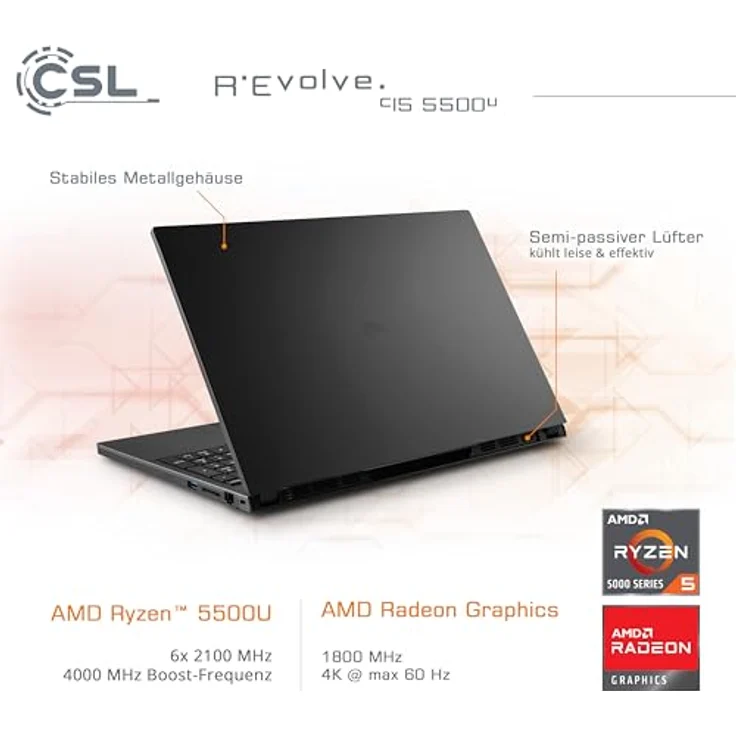 CSL-Computer Notebook R'Evolve C15 5500U - Ultra-Slim Laptop, 15,6 Zoll FHD IPS Display, AMD Ryzen 5 5500U, 500 GB SSD, 32 GB RAM, USB 3.2, BT 5.2, AX WLAN – Bild 4