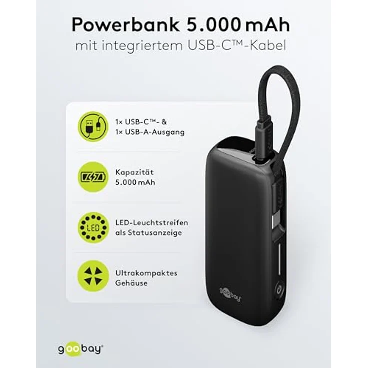 goobay Powerbank 5.000 mAh mit integriertem USB-C Kabel, Quick Charge/Power Delivery, für Samsung, Xiaomi, Lenovo, Huawei, Apple iPhone/iPad, 13 cm, schwarz – Bild 2
