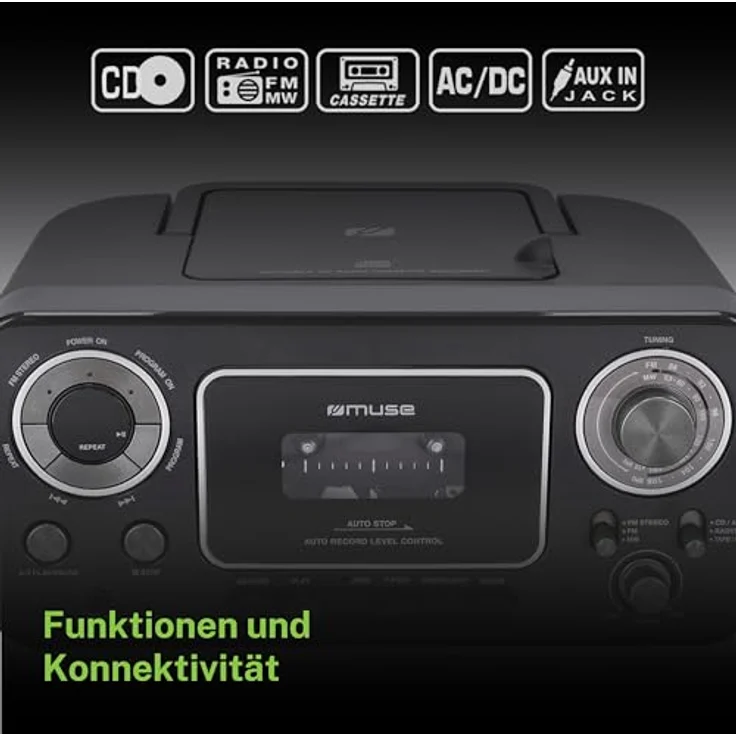 Muse M-182 Stereo-Radio mit CD-Player und Kassetten-Recorder mit Aufnahme-Funktion, Batteriebetrieb möglich (UKW und MW-Tuner, AUX-Eingang, Teleskopantenne), schwarz – Bild 6