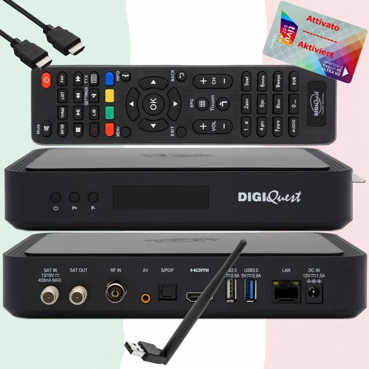 DIGIQuest Q90 4K Receiver + TivuDat Karte 4K + WiFi Stick, SAT-Receiver mit DVB-S2/T2, HDR, 2x Smartcard-Steckplätzen und PVR-Funktion