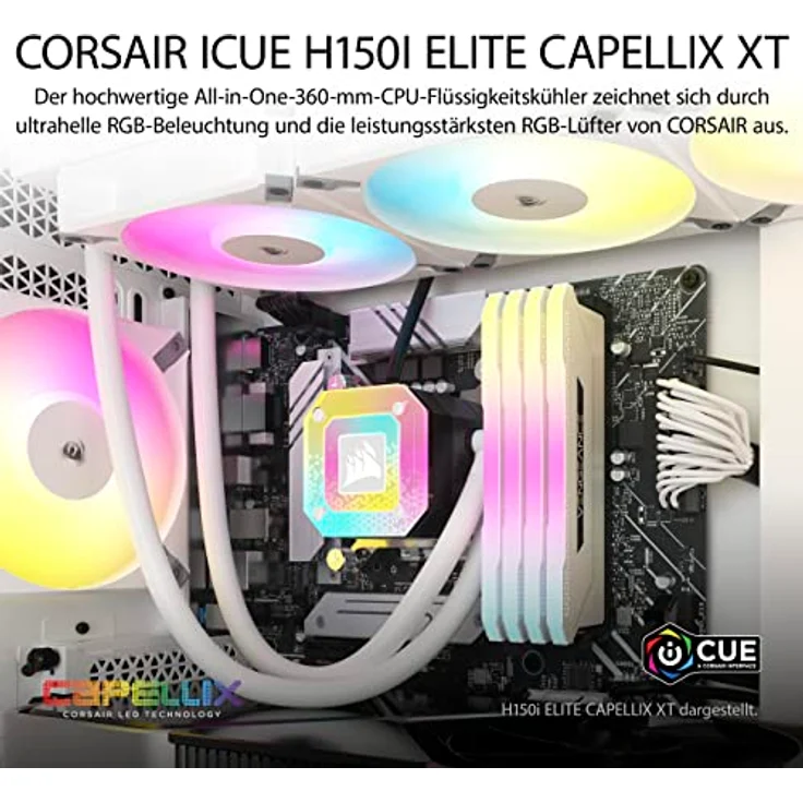 Corsair iCUE H150i Elite CAPELLIX XT Flüssig-CPU-Kühler - DREI AF120 RGB Elite-Lüfter - 360-mm-Radiator - Intel LGA 1700, 1200, 115X, 2066, AMD AM5, AM4 - Inklusive iCUE Commander CORE - Weiß – Bild 2