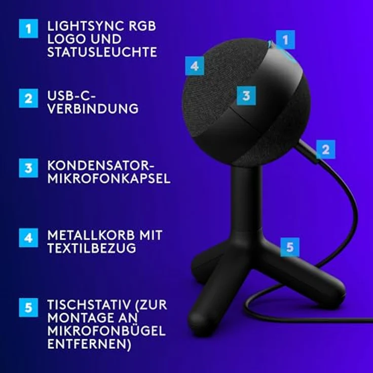Logitech G Yeti Orb Gaming-Kondensatormikrofon mit RGB und LIGHTSYNC, USB-Mikrofon zum Streaming, Niere, USB- Plug-and-Play für PC/Mac – Schwarz – Bild 5
