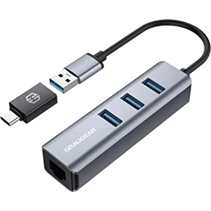 GRAUGEAR | 3 Ports USB 3.0 HUB + Gigabit Ethernet LAN RJ45 | USB-C | USB-A | Aluminiumgehäuse | USB Type-C Adapter | USB LAN Adapter | G-HUB31L-A, Gray