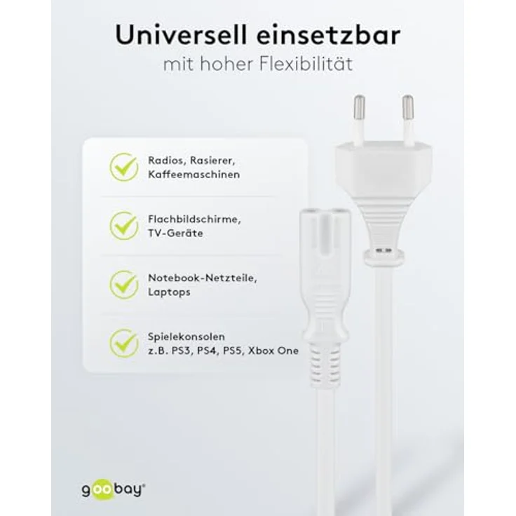 Goobay 51326 Euro Anschlusskabel, Netzkabel, Stromkabel, 2 adrig, Eurostecker (Typ C, E 7-16) > Gerätebuchse C7, 1,5m, weiß – Bild 4