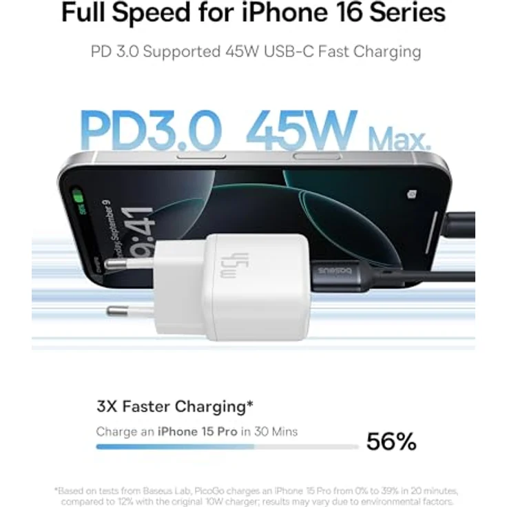 Baseus PicoGo 45W USB C Ladegerät, PD 3.0 PPS Schnellladegerät für iPhone 16/16 Pro Max/15-12, Galaxy S24 Ultra, Pixel, iPad Pro/Air, Weiß – Bild 2