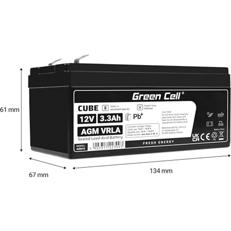 Green Cell 12V 3.3Ah VRLA AGM Akku mit Faston 187 Anschluss, wiederaufladbar – Bild 2