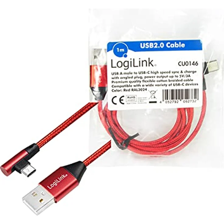 Logilink - USB-Kabel - USB-C (M) gewinkelt bis USB (M) gerade - USB 2.0 - 5 V - 3 A - 1 m - Rot, RAL 3024 (CU0146) – Bild 10