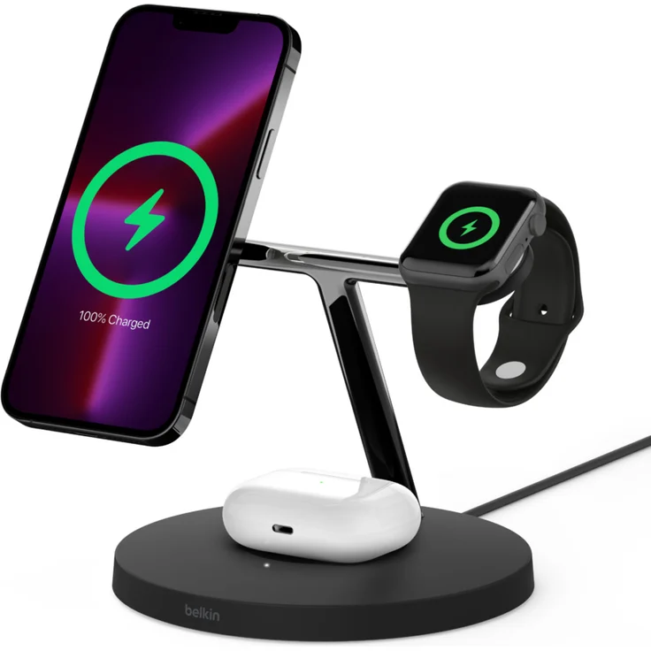 Belkin BoostCharge PRO drahtloses 3-in-1-Ladegerät mit MagSafe für iPhone 14, 13, 12 + Apple Watch + AirPods (lädt iPhone 14-Modelle magnetisch mit bis zu 15 W auf), schwarz (WIZ009vfBK) – Bild 2